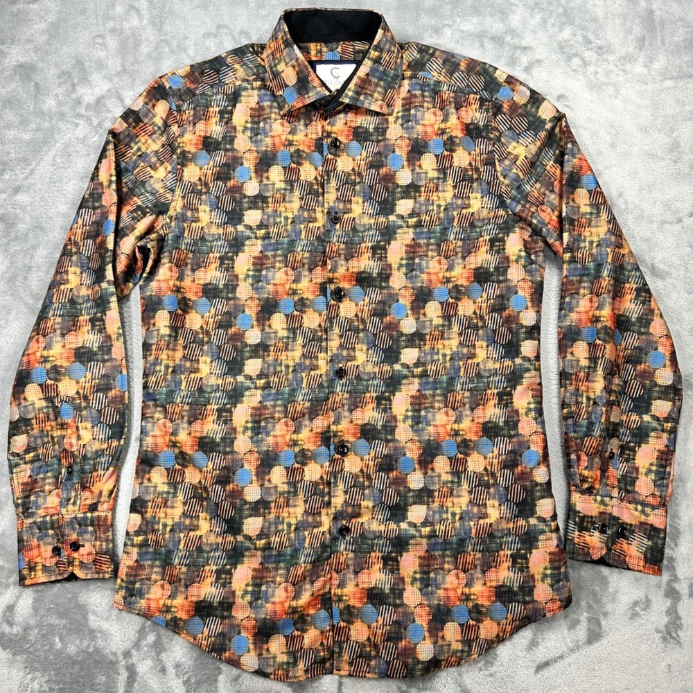 Suslo Couture Mens Slim Fit Button Down Shirt Geometric Abstract Print Small